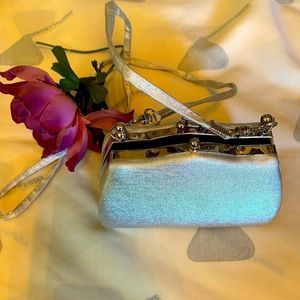 Silver Glitter Top Clasp Long Chain Small Evening Bag
